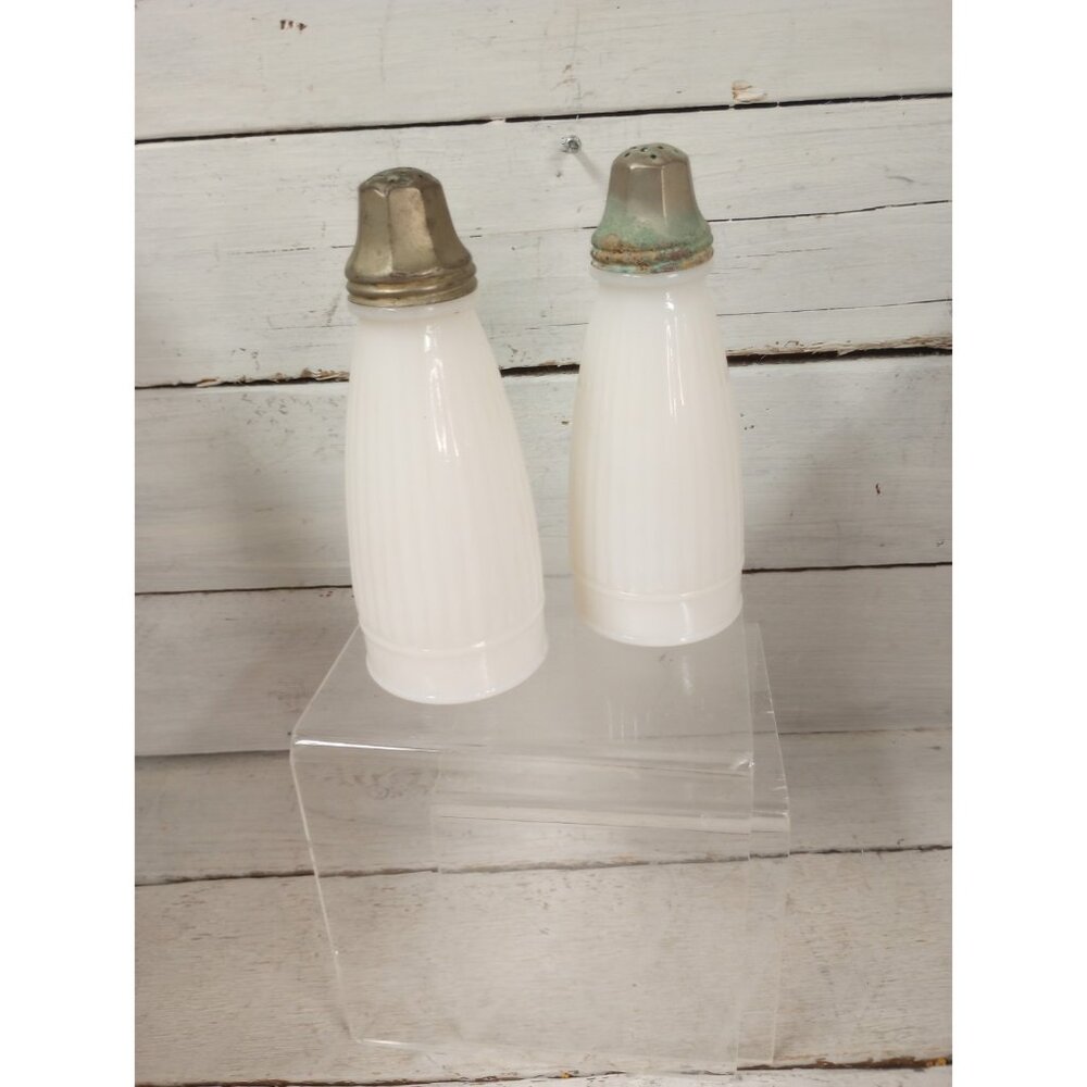 Vintage Salt and Pepper Shakers Milk Glass Ribbed Farmhouse